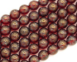 4.5" Strand (About 14pc) 8mm Czech Pressed Glass Druk Round Beads, Light Ruby w/Rose Gold Topaz Luster