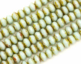 4.5" Strand (About 33pc) 3x5mm Czech Fire-Polished Pressed Glass Faceted Donut Rondelle Beads, Opaque Pale Jade w/ Travertine