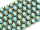 4.7" Strand (About 14pc) 8mm Czech Fire-Polished Pressed Glass Faceted Cathedral Beads, Light Sky Blue w/Travertine