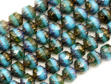 4.7" Strand (About 14pc) 8mm Czech Fire-Polished Pressed Glass Faceted Cathedral Beads, Opaque Blue & Pale Green Swirl w/Gold Topaz Luster