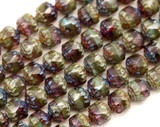 4.7" Strand (About 14pc) 8mm Czech Fire-Polished Pressed Glass Faceted Cathedral Beads, Transparent Light Amethyst & Opaque Light Blue Swirl w/Travertine