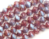 Approx. 4.7" Strand (About 13pc) 9mm Czech Fire-Polished Glass Baroque Faceted Barrel Beads, Pale Blue Opal & Rose Swirl w/Bronze Luster