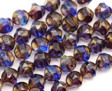 Approx. 4.7" Strand (About 13pc) 9mm Czech Fire-Polished Glass Baroque Faceted Barrel Beads, Sapphire & Amethyst Swirl w/Bronze Luster