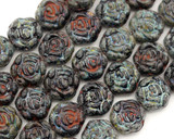 Approx. 4.7" Strand (About 8pc) 14x8mm Czech Pressed Glass Rose Beads, Jet w/Travertine