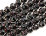 4.7" Strand (About 15pc) 8mm Czech Fire-Polished Faceted Rose-Cut Rondelle Beads, Jet w/Travertine