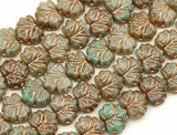 4.7" Strand (About 11pc) 11x13mm Czech Pressed Glass Maple Leaf Beads, Pale Turquoise Striated Mix w/Rose Gold