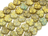 4.7" Strand (About 11pc) 11x13mm Czech Pressed Glass Maple Leaf Beads, Pale Turquoise Striated Mix w/Gold Splash
