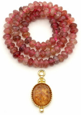 Strawberry Quartz Set: Approx. 7.5" Strand 2x4mm Strawberry Quartz Faceted Rondelle Beads & 20x10mm Brass & Strawberry Quartz Facted Oval Pendant, Gold
