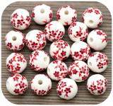 20pc 10mm Porcelain Floral Printed Round Beads, White w/Red Flowers