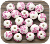 20pc 10mm Porcelain Floral Printed Round Beads, White w/Fuchsia Flowers