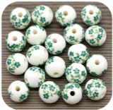 20pc 10mm Porcelain Floral Printed Round Beads, White w/Green Flowers