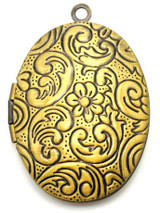 34x24mm Floral-Embossed Brass Oval Locket Pendant, Antique Bronze