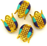 4pc 14x11mm Enameled Flower Cone Bead Caps, Gold/Blue Multi