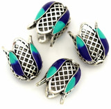 4pc 14x11mm Enameled Flower Cone Bead Caps, Silver/Blue Multi