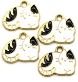 4pc 16x13mm Enameled Sitting Cat Charms, Black/White/Gold