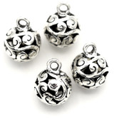 4pc 13x10mm Filigree Ball Charms, Antique Silver