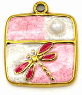 18x16mm 18k Gold-Plated Stainless Steel & Enameled Square Dragonfly Pendant w/Faux Pearl, Pink