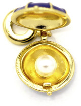 32.5x15.5mm Enameled Brass Shell Charm w/Faux Pearl, Blue/Gold