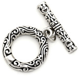 23x19mm (25mm Bar) Brass Swirled Pattern Round Toggle Clasp, Antique Silver