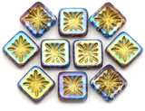 5pc 10mm Czech Table-Cut Glass Square Kiwi Beads, Light Amethyst & Medium Sapphire w/AB & Gold Wash
