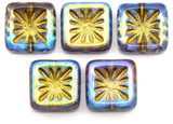 5pc 10mm Czech Table-Cut Glass Square Kiwi Beads, Light Amethyst & Medium Sapphire w/AB & Gold Wash