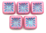 5pc 10mm Czech Table-Cut Glass Square Kiwi Beads, Opaque Rose w/Aqua Wash
