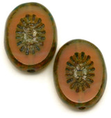 2pc 14x10mm Czech Table-Cut Glass Kiwi Oval Beads, Pink Opal w/Picasso & Marbled Turquoise