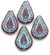 4pc 14x10mm Czech Pressed Glass Filigree Teardrop Beads, Amethyst w/Aqua Wash