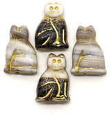 2pc 19x14mm Czech Pressed Glass Sitting Cat Beads, Striated White & Jet w/Gold Wash