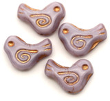 4pc 16x12mm Czech Pressed Glass Bird Beads, Violet Silk w/Rose Gold Wash