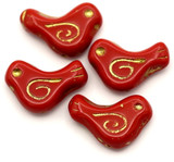 4pc 16x12mm Czech Pressed Glass Bird Beads, Opaque Coral Red w/Gold Wash