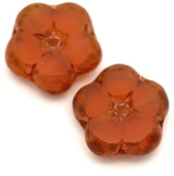 2pc 14mm Czech Table-Cut Glass Flower Beads, Pink Opal w/Picasso