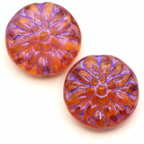 2pc 15mm Czech Pressed Glass Daisy Flower Beads, Light Rosaline w/Violet Wash