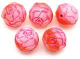 5pc 9mm Czech Pressed Glass Rosebud Beads, Hyacinth/Alabaster Swirl/Metallic Fuchsia Wash