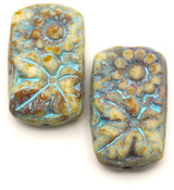 2pc 19x11mm Czech Pressed Glass Rectangle w/Flowers Beads, Alabaster Picasso w/Aqua Wash
