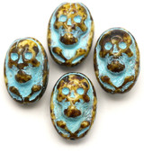 2pc 15x10mm Czech Pressed Glass Skull & Crossbones Oval Beads, Alabaster Travertine w/Aqua Wash