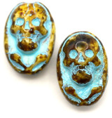 2pc 15x10mm Czech Pressed Glass Skull & Crossbones Oval Beads, Alabaster Travertine w/Aqua Wash