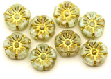 8pc 10mm Czech Pressed Glass Hawaiian Flower Beads, Crystal & Uranium Glass Swirl w/Gold Wash