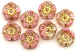 8pc 10mm Czech Pressed Glass Hawaiian Flower Beads, Crystal & Rosaline Swirl w/Gold Wash