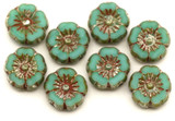 8pc 8mm Czech Table-Cut Glass Hawaiian Flower Beads, Turquoise Mint w/Travertine