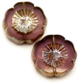 2pc 16mm Czech Table-Cut Glass Hawaiian Flower Beads, Transparent Light Amethyst w/Rembrandt