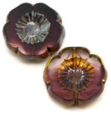 2pc 16mm Czech Table-Cut Glass Hawaiian Flower Beads, Crystal & Amethyst Swirl w/Travertine