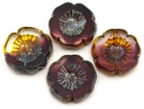 2pc 16mm Czech Table-Cut Glass Hawaiian Flower Beads, Crystal & Amethyst Swirl w/Travertine