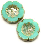 2pc 16mm Czech Table-Cut Glass Hawaiian Flower Beads, Opaque Turquoise w/Rembrandt