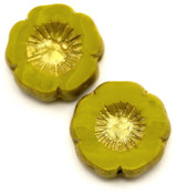 2pc 16mm Czech Table-Cut Glass Hawaiian Flower Beads, Opaque Olivine w/Marbled Gold