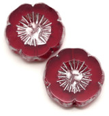 2pc 16mm Czech Pressed Glass Hawaiian Flower Beads, Ruby Red w/Marbled Silver
