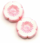 2pc 16mm Czech Pressed Glass Hawaiian Flower Beads, Chalk White w/Pebbled Rose