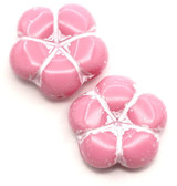 2pc 16mm Czech Pressed Glass Flower Beads, Opaque Pink w/White Lined Finish