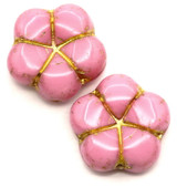 2pc 16mm Czech Pressed Glass Flower Beads, Opaque Pink w/Gold Wash