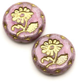 2pc 18mm Czech Pressed Glass Flower Coin Beads, Alabaster w/Lila Luster & Gold Wash